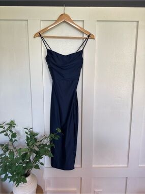 Windsor Dresses | Windsor Kenzie Formal Lattice Midi Dress Xl Midnight Blue Babydoll Silky Slit | Color: Blue | Size: Xl | Ladylei0's Closet